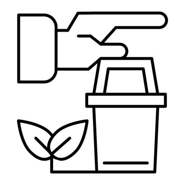 Filizlenmiş ince çizgi ikonlu insan eli ve esrar. Kova ve bitki vektör çizimi beyaza izole edildi. Bahçe tasarımı tasarımı, web ve uygulama için tasarlandı. Eps 10.