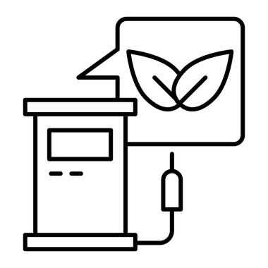 Eko yakıtı ince çizgi ikonu. Eko yakıt ikmali vektör çizimi beyazda izole edildi. Çevre benzin istasyonu tasarımı, web ve uygulama için tasarlandı. Eps 10.