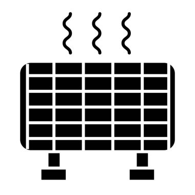 Güneş pili katı ikonu. Güneş enerjisi çizimi beyaza izole edildi. Güneş paneli kabartma tasarımı, web ve uygulama için tasarlandı. Eps 10.