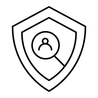 Kullanıcı koruması ince çizgi simgesi. Beyaz üzerine izole edilmiş kalkan ve kullanıcı arama vektörü çizimi. Web ve uygulama için tasarlanmış kullanıcı güvenliği tasarımı. Eps 10.