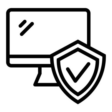 Kalkan çizgisi simgesinde onay işareti olan monitör. Beyaz üzerine izole edilmiş kalkan vektör illüstrasyonlu bilgisayar. Bilgisayar koruması tasarımı, web ve uygulama için tasarlandı. Eps 10.