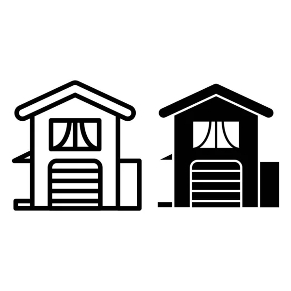 Zweistöckiges Haus mit Garagenzeile und Glyphen-Symbol. Home Vektor Illustration isoliert auf weiß. Vorstädtische Hütte Außenkontur Stil-Design, für Web und App konzipiert. Eps 10. — Stockvektor