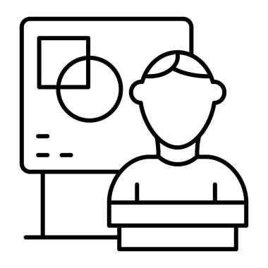 Tahta ince çizgi ikonunun yanındaki öğrenci. Beyaz üzerinde izole edilmiş diploma vektör illüstrasyonunun korunması. Sandalye tasarımı öğrencisi, web ve uygulama için tasarlanmış. Eps 10.