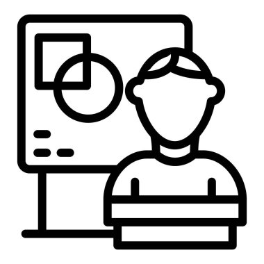 Tahta çizgi ikonunun yanındaki öğrenci. Beyaz üzerinde izole edilmiş diploma vektör illüstrasyonunun korunması. Sandalye tasarımı öğrencisi, web ve uygulama için tasarlanmış. Eps 10.