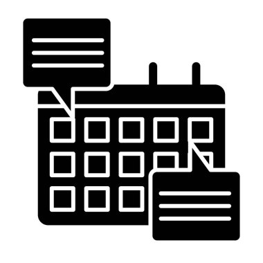 Konuşma baloncuklu takvim katı simge oluşturur. Beyazda izole edilmiş vektör illüstrasyonlu takvim. Veri planlayıcısı kabartma tasarımı, web ve uygulama için tasarlandı. Eps 10.