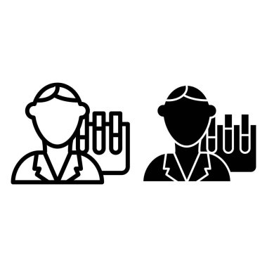 Kimya öğretmeni çizgisi ve sembol. Profesör vektör çizimi beyaza izole edildi. Kimyager tasarımı, web ve uygulama için tasarlanmış. Eps 10.