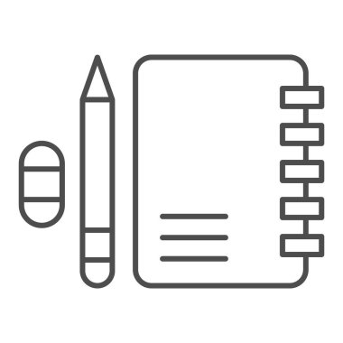 Kalem ve silgi gibi ince çizgi ikonu olan defter, Eğitim kavramı, beyaz arka planda not defteri ve kalem işareti, ana hatlarda simge çalışması için eğitim kitabı. Vektör grafikleri.