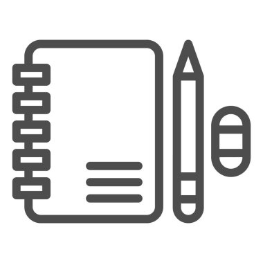 Kalem ve silgi satırı simgesi, Eğitim konsepti, beyaz arka planda not defteri ve kalem işareti, ana hatlarda simge çalışması için eğitim kitabı. Vektör grafikleri.