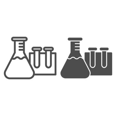 Kimya çizgisi için deney tüpleri ve katı ikon, eğitim konsepti, beyaz arka planda laboratuvar cam tabelaları, mobil konsept ve web tasarımı için test tüpleri simgesi. Vektör grafikleri.