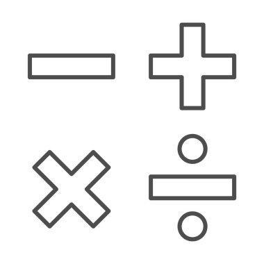 Eklemek, çıkarmak, bölmek, çarpmak, semboller ince çizgi, Eğitim konsepti, Matematik beyaz arkaplan işaretini hesaplar, temel matematik sembolleri artı, eksi, çarpma ve bölme ana hatlarıyla. Vektör.