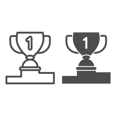 Kazanan kupa kaide çizgisinde ve sağlam ikon, spor konsepti, beyaz arka planda kupa işareti, mobil konsept ve web tasarımı için taslak şeklindeki ödül ikonu. Vektör grafikleri.