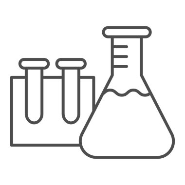 Kimya, ince çizgi ikonu, eğitim konsepti, beyaz arka planda laboratuvar cam kaplaması, mobil konsept ve web tasarımı için test tüpleri simgesi. Vektör grafikleri.
