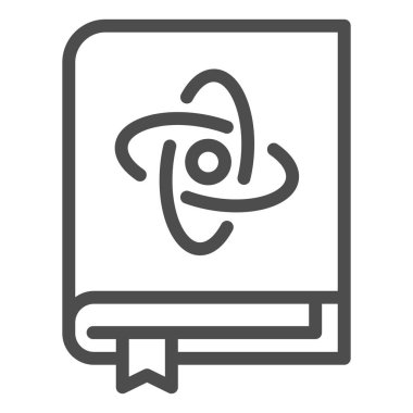 Fizik kitabı çizgisi ikonu, bilim konsepti, beyaz arkaplan üzerinde kimya ders kitabı işareti, mobil konsept ve web tasarımı için taslak biçiminde kitap kapağı ikonu üzerinde atom molekülü. Vektör grafikleri.