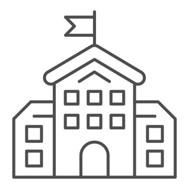 Okulun ince çizgi ikonu, eğitim konsepti, beyaz arka planda lise silueti işareti, mobil konsept ve web tasarımı için bayraklı ikon binası. Vektör grafikleri.