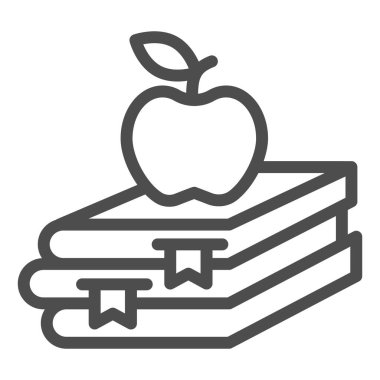 Kitaplar ve elma çizgisi ikonu, Eğitim konsepti, beyaz arka planda okul kitabı ve elma tabelası, en üstteki ikon meyveli kitaplar mobil tasarım için tasarım tarzı. Vektör grafikleri.