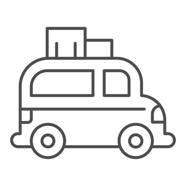 Minivan mit schmalem Linien-Symbol, Sommerreise-Konzept, Auto mit Gepäck auf Dachschild auf weißem Hintergrund, Reisewagen-Symbol im Umriss-Stil für mobiles Konzept, Web. Vektorgrafik. — Stockvektor