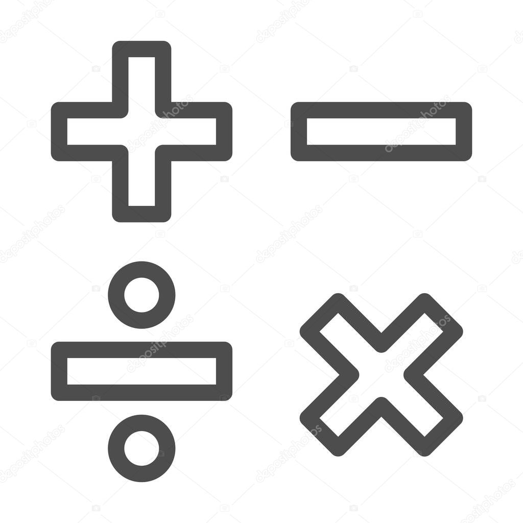 Add, subtract, divide, multiply symbols line, Education concept, Math calculate sign on white background, Basic math symbols plus, minus, multiplication and division in outline. Vector