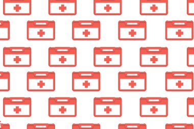 Beyaz arka planda kırmızı renkli ilk yardım kutusu olan tıbbi bir geçmiş. Tekrarlanan sevimli iş sunumu. İlk yardım çantası kalıbı. Tıp konsepti.