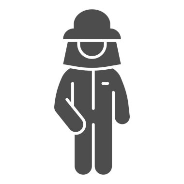 Arıcı ikonu, arıcılık konsepti, koruma üniforması giyen arıcı ve beyaz arka planda şapka işareti, mobil ve web için glifli erkek silueti simgesi. Vektör grafikleri.