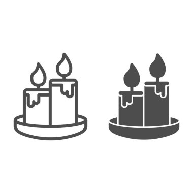 Mum dizisi ve katı ikon, Bal konsepti, beyaz arka planda yanan iki mum işareti, mobil konsept ve web tasarımı için ana hatlı mum ikonu. Vektör grafikleri.