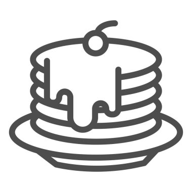 Tabak çizgisinde bal ve kirazlı krepler, fırın konsepti, şuruplu krepler ve beyaz arka planda böğürtlen tabelası, ana hatlarda krep ikonu. Vektör grafikleri.