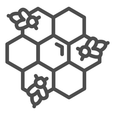 Arı çizgisi ikonlu bal peteği, bal konsepti beyaz arka planda bal peteği işareti olan bal arıları, mobil konsept ve web tasarımı için ana hatlı simgede altıgen olan arılar. Vektör grafikleri.