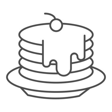 Tabakta bal ve kirazlı krepler ince çizgi ikonu, fırın konsepti, şuruplu krepler ve beyaz arka planda böğürtlen tabelası, ana hatlı krep ikonu yığını. Vektör grafikleri.