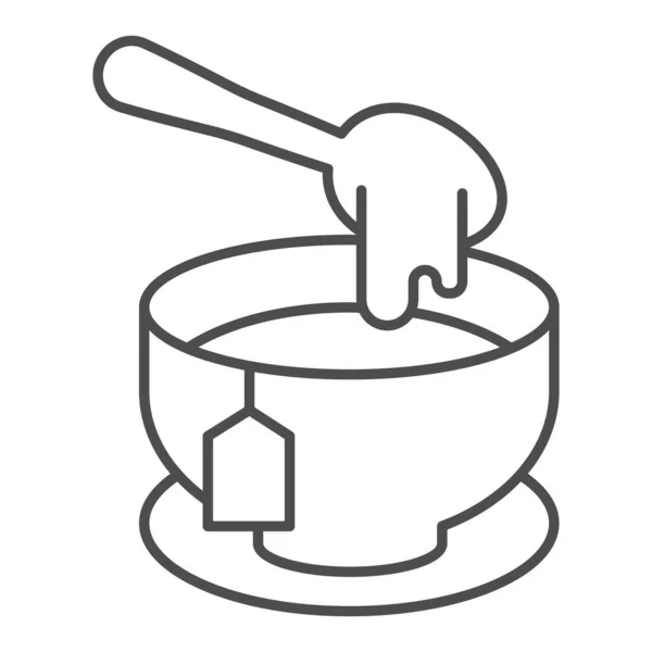 Tee mit Honig-Symbol, Teatime-Konzept, Honiglöffel und Teetassenschild auf weißem Hintergrund, Tasse mit Heißgetränk mit Honig-Symbol im Outline-Stil für Mobil- und Webdesign. Vektorgrafik. — Stockvektor