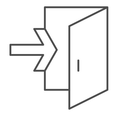 Acil çıkış ince çizgi simgesi, yön bulma kavramı çıkış işareti beyaz arka planda, çıkış kapısı simgesi mobil konsept ve web tasarımı için ana hatlı. Vektör grafikleri.