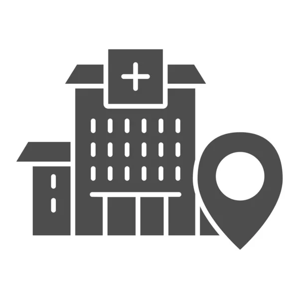 Krankenhausgebäude mit Standort-Markierung solides Symbol, Navigationskonzept, Klinik-Zeiger-Zeichen auf weißem Hintergrund, Krankenhaus-Standort-Symbol im Glyphen-Stil für Handy und Web. Vektorgrafik. — Stockvektor
