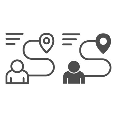 Mesafe ve konum belirleyici çizgisi, sağlam ikon, navigasyon konsepti, beyaz arkaplanda işaret işareti olan seyahat rotası, insan navigasyon simgesi ana hatlarıyla. Vektör grafikleri.