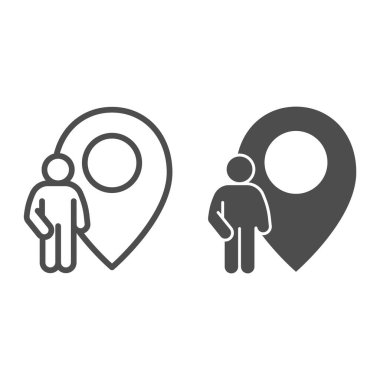 Konum imleci çizgisi ve sağlam simgesi olan kişi, Navigasyon konsepti, beyaz arkaplanda buluşma noktası işareti, mobil ve web tasarımı için ana hatlı Kullanıcı Konum simgesi. Vektör grafikleri.