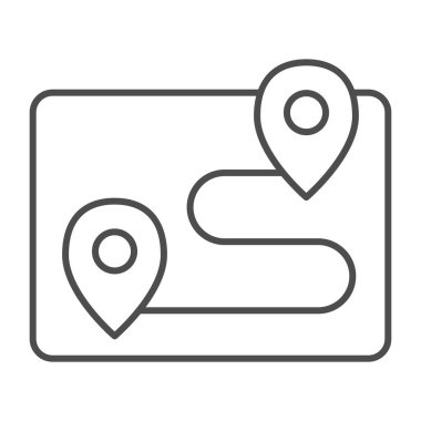Konum işaretleyicileri ve rota ince çizgi simgesi, navigasyon konsepti, noktadan noktaya, beyaz arkaplanda iki iğne işareti, mobil ve web için ana hat biçimi simgesi. Vektör grafikleri.