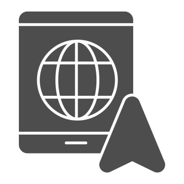 Küre ve navigasyon işaretli tablet katı simge, navigasyon konsepti, beyaz arkaplanda GPS navigatör imzası, mobil ve web için GPS simgesi içeren Tablet PC. Vektör grafikleri.