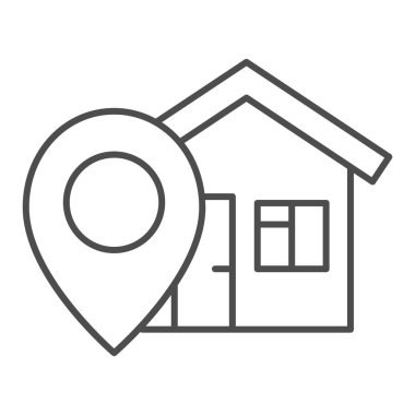 Ev ince çizgi simgesi konumu, navigasyon konsepti, beyaz arka planda ev işaretçisi işareti, taşınabilir konsept ve web tasarımı için ev ikonu ile konum imleci. Vektör grafikleri.