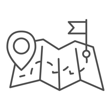 Noktadan noktaya ince çizgi simgesine, yön bulma kavramına, beyaz arkaplanda harita üzerinde konum işaretleri olan rota haritası ana hatlar biçiminde noktadan noktaya uzaklık simgesi. Vektör grafikleri.