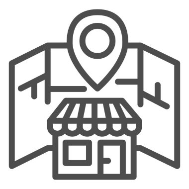 Konum imleci simgesi, navigasyon konsepti, beyaz arka planda mağaza konumu işareti, mobil için taslak biçimli süpermarket simgesi için navigasyon pimi olan harita ve depolama. Vektör grafikleri.