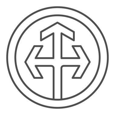 Üç yönlü oklar ince çizgi simgesi, trafik konsepti, beyaz arka planda farklı yönlere ok işareti, mobil için farklı yön simgesine sahip yol işareti imzalarlar. Vektör grafikleri.