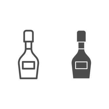 Şampanya şişesi hattı, sağlam ikon, alkol içecekleri konsepti, beyaz arka planda şampanya tabelası, mobil konsept ve web tasarımı için ana hatlı şarap şişesi ikonu. Vektör grafikleri.