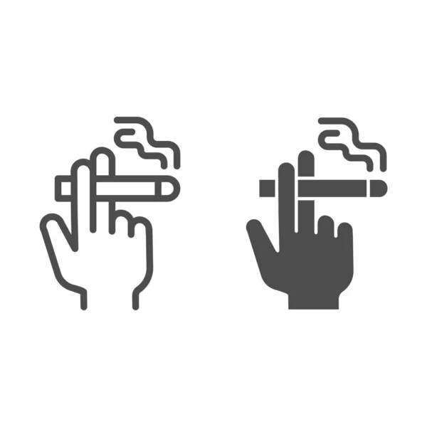 Main avec une ligne de cigarette et icône solide, concept de tabagisme, main tenant l'enseigne de cigarette sur fond blanc, icône de la main fumeur dans le style de contour pour concept mobile et web design. Graphiques vectoriels. — Image vectorielle