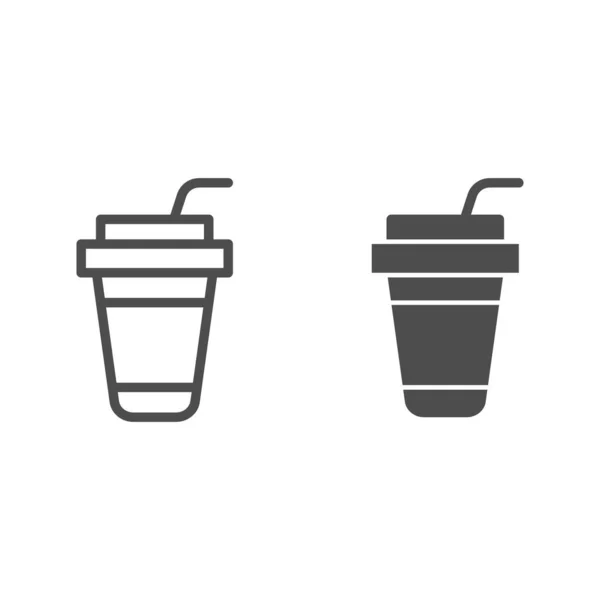 Coffee cup line and solid icon, drinks concept, Disposable paper cup for hot drinks sign on white background, coffee glass with straw icon in outline style for mobile and web design. Vector graphics. — Stock Vector