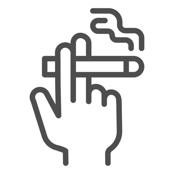 Mano con un icono de línea de cigarrillo, concepto de fumar, Mano sosteniendo el cartel de cigarrillo en el fondo blanco, icono de mano fumador en el estilo de esquema para el concepto móvil y el diseño web. Gráficos vectoriales . — Vector de stock