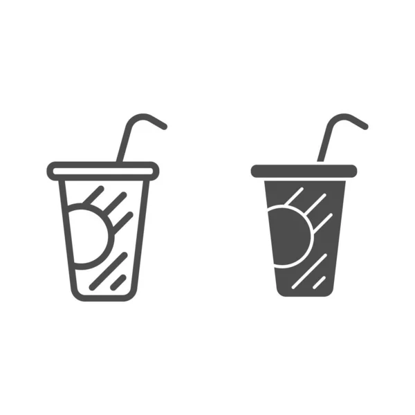 Café en ligne de tasse en plastique et icône solide, concept de boissons, tasse jetable avec couvercle et panneau de paille sur fond blanc, tasse en papier avec icône de paille à boire dans le style contour pour mobile. Graphiques vectoriels. — Image vectorielle