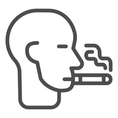 Sigara içen adam başlığı ikonu, bağımlılık konsepti, beyaz arka planda sigara içme alanı tabelası, mobil konsept ve web tasarımı için ana hatlı kafa ve sigara ikonu. Vektör grafikleri.