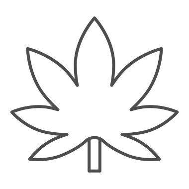 Esrar yaprağı ince çizgi ikonu, sigara konsepti, beyaz arka planda ot tabelası, mobil konsept ve web tasarımı için ana hatlı marihuana ikonu yaprağı. Vektör grafikleri.