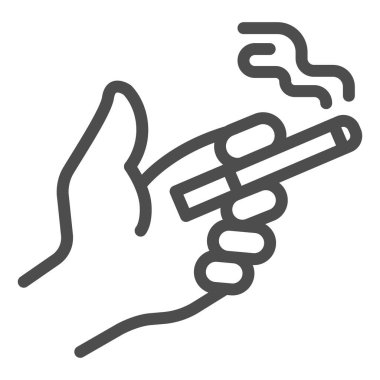 El çizgisi ikonunda sigara içmek, sigara içme konsepti, beyaz arka planda sigara tabelası tutmak, mobil ve web tasarımı için ana hatlı sigara ikonu ile el ele tutuşmak. Vektör grafikleri.