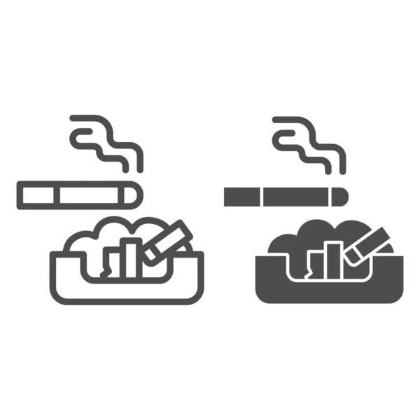 Cigareta v popelníku a plná ikona, Kouření koncept, popelník na bílém pozadí, kouřové cigarety a nedopalky ležící v popelníku ikona v obrysu stylu pro mobilní, web design. Vektorová grafika. — Stockový vektor