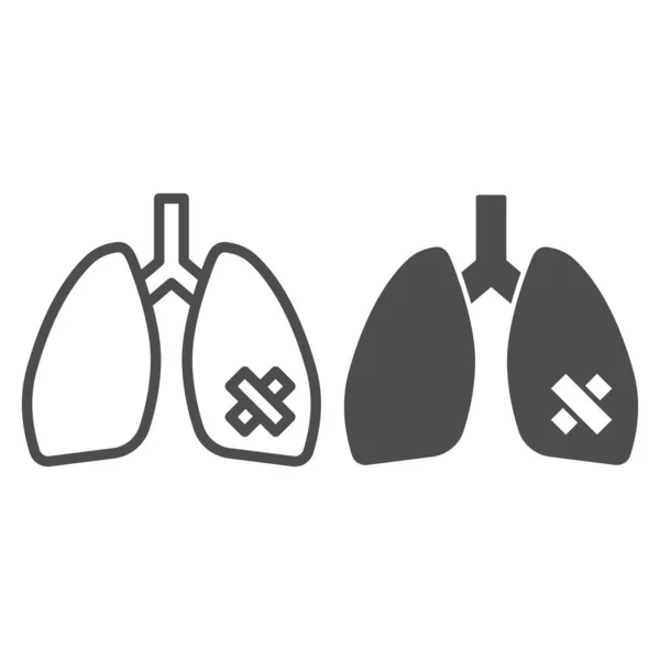 Línea de órganos pulmonares enfermos e icono sólido, concepto de fumar, signo de pulmón fumador sobre fondo blanco, pulmones humanos con icono de yeso en estilo de esquema para el concepto móvil y el diseño web. Gráficos vectoriales . — Archivo Imágenes Vectoriales