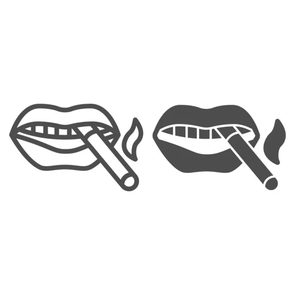 Boca con una línea de cigarrillos e icono sólido, concepto de fumar, labios con signo de cigarrillo sobre fondo blanco, icono de cigarrillo en la boca en el estilo de esquema para el concepto móvil y el diseño web. Gráficos vectoriales . — Vector de stock