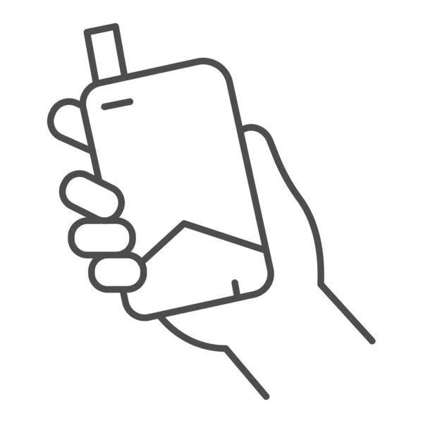 Main avec icône de ligne mince cigarette électronique, concept fumeur, E cigarette dans signe à la main sur fond blanc, dispositif fumeur dans l'icône de la main dans le style contour pour mobile et web. Graphiques vectoriels. — Image vectorielle